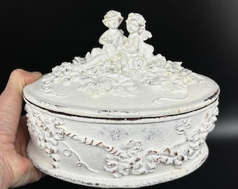 Cherub jewelry box: rococo style, hand-painted white wood