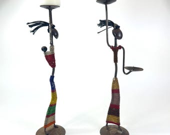 Vintage African Beaded Iron Candle Holders – Tribal Couple Figurine Candlesticks (Set of 2)