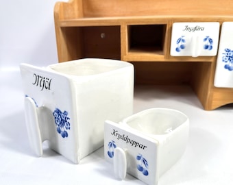 Spice Rack Wood Ceramic Jars, Swedish Kitchen Storage, Blue White Wall Shelf