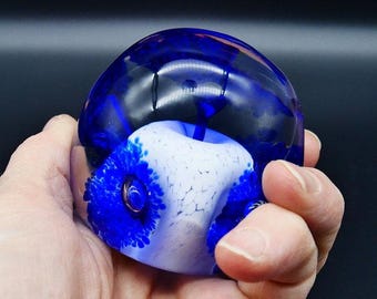 Mid-Century Art Glass Paperweight: Blue Flowers, Haverud Crystal Sweden