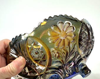 Eda Glasbruk Carnival Glass Bowl – Rare "Sunk Daisy" Pattern, Iridescent Blue Beauty