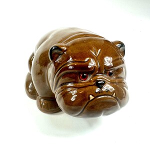 Vintage Ceramic Bulldog Figurine, Brown Glazed Dog Sculpture with Glass Eyes image 8