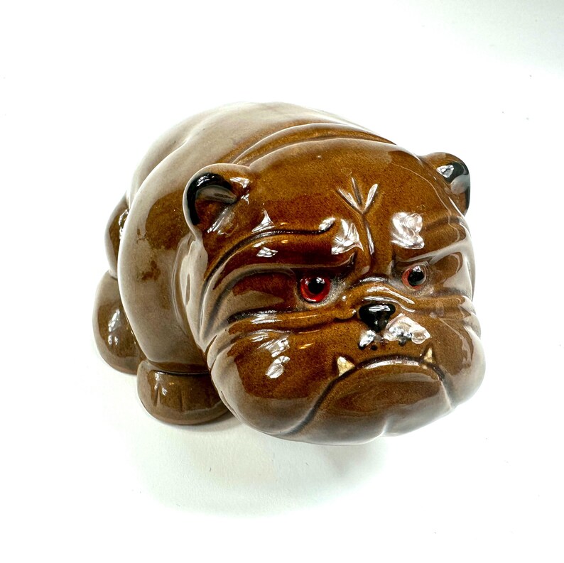 Vintage Ceramic Bulldog Figurine, Brown Glazed Dog Sculpture with Glass Eyes image 8