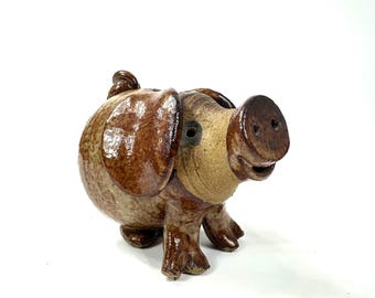 Vintage pottery piggy bank – handmade studio ceramic money box – 1980s folk art