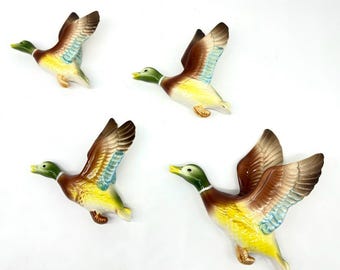 Vintage Flying Mallard Ducks – Set of 4 Ceramic Wall Plaques, 1950s