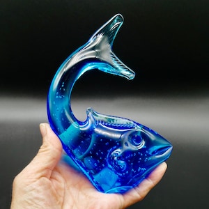 Vintage Blue Swedish Art Glass Bullicante Fish Paperweight - Hand Blown Sculpture 1960s
