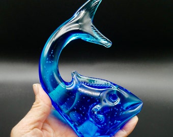 Vintage Blue Swedish Art Glass Bullicante Fish Paperweight - Hand Blown Sculpture 1960s