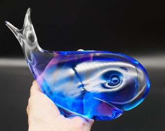 Vintage glass fish Figurine Blue and Purple Sommerso Whale Paperweight | Hand Blown Sculpture 1960s