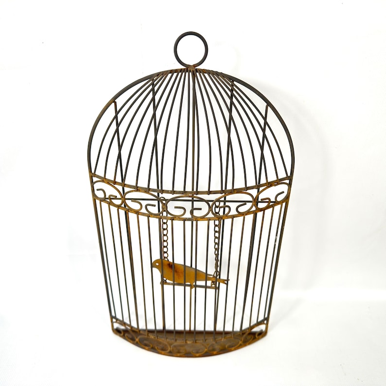 Metal birdcage wall decor – rustic half cage with bird, 41cm image 3