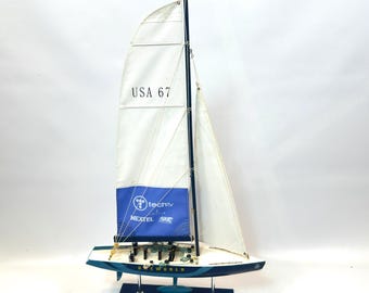 Vintage Model Racing Sailboat – USA 67 "One World" Yacht with Branded Sails, 77 cm