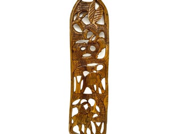 Hand-carved wooden wall panel, animal motif folk art relief