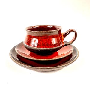 Vintage Danish Studio Pottery Tea Trio, Henrik Ditlev Larsen, Red Glaze Cup Fatfat