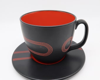 Vintage 1990s IKEA Mug and Saucer – LP Record Design, Matte Black with Red Center, 590ml Latte Cup