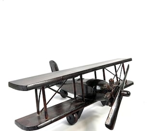 Vintage Wooden Biplane Model – Handcrafted Folk Art Airplane, Early Aviation Decor