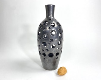 Tall Ceramic Black Vase with Geometric Pattern and Galvanized-style Glaze - Stunning and Stylish Home Decor
