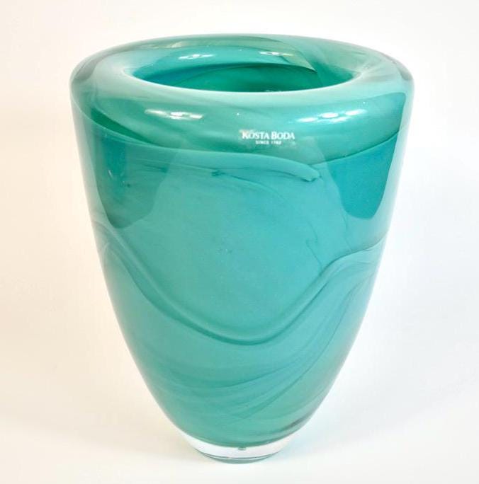Kosta Boda Vase – Atoll Turquoise Swirl Art Glass by Anna Ehrner, 19.5cm