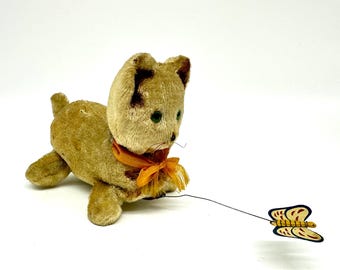 Vintage Japanese Wind-Up Cat Toy, 1940s Mechanical Plush with Butterfly