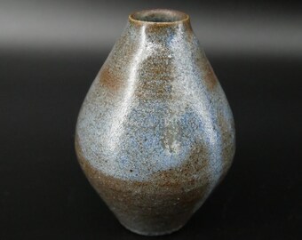 Miniature Studio Pottery Vase – Signed BEN, Rustic Stoneware with Blue & Brown Marbled Glaze