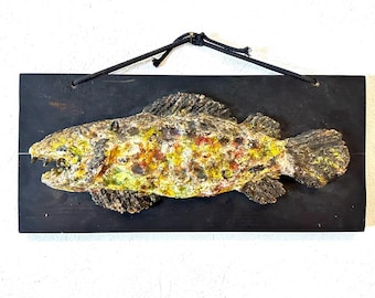 Ceramic Fish Wall Sculpture, Glazed Pottery Relief, Brutalist Style, Signed, Swedish Studio Art