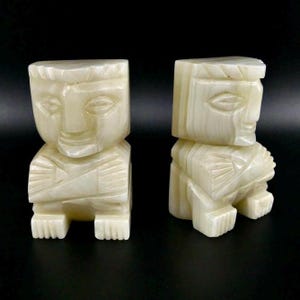 Vintage Alabaster Tiki Bookends - Hand-Carved Green Mayan Figurines - Set of 2