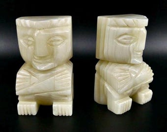 Vintage Alabaster Tiki Bookends - Hand-Carved Green Mayan Figurines - Set of 2
