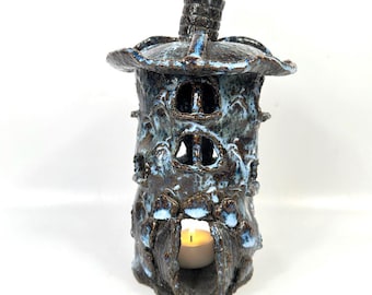 Vintage Studio Pottery Troll House Candle Holder – Sculptural Blue Glazed Ceramic, Mid-Century Design