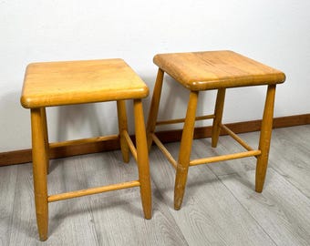 Mid century scandinavian farmhouse stools – set of 2 wood nordic birch stools, 1950s