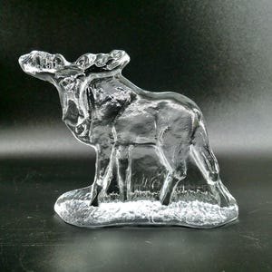 May include: A clear glass moose figurine. The moose is standing on a base, with detailed antlers and body features. The glass is transparent, allowing light to pass through, creating a shimmering effect. The figurine is a decorative item.