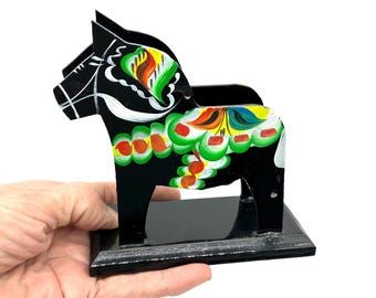Vintage Black Dala Horse Napkin Holder – Hand-Painted Swedish Folk Art by Nils Olsson