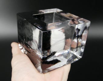 Kosta Boda Brick Votive – Vintage Anna Ehrner Tealight Holder, Black Ice Glass Sculpture