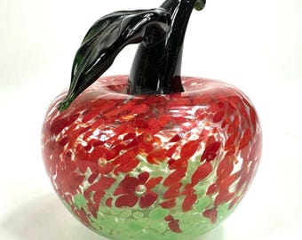 Vintage Kosta Boda Art Glass Apple Sculpture: Hand Blown Red Green Fruit