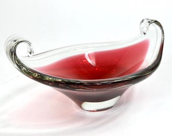 Murano Glass Red Bowl, Mid Century centerpiece, Freeform Italian Art Glass