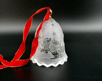Vintage Mikasa Silent Night Glass Bell Ornament – Frosted Santa & Reindeer Working Bell