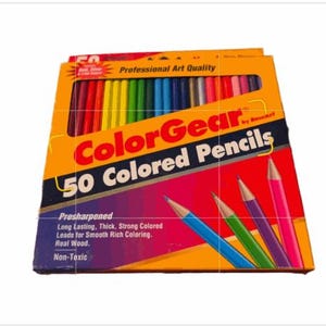 May include: A box of 50 pre-sharpened ColorGear colored pencils. The box is orange, red, and purple with the text "ColorGear" and "50 Colored Pencils". The pencils are arranged in a rainbow of colors, with the tips visible.