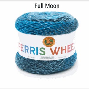 May include: A skein of Lion Brand Ferris Wheel yarn in the color "Full Moon". The yarn is a blend of blue and black with a speckled effect. The label reads "Lion Brand Yarn Ferris Wheel".