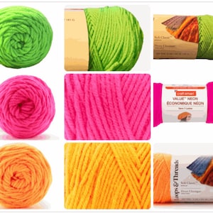 May include: Three skeins of yarn in bright neon colors: lime green, hot pink, and orange. The yarn is soft and fluffy, perfect for crocheting or knitting.