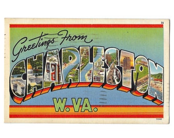 Charleston WV Vintage Postcard - Large Letter Linen - Greetings From West Virginia - Stamped and Postmarked 1957