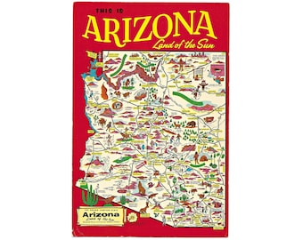 Arizona Map Oversized Vintage Postcard, 1962 Illustrated Map with Route 66,  Suitable for framing, Jumbo Card 6" x 9"