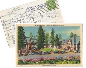 Lake Arrowhead Lodge California, Antique Postcard Stamped and Postmarked 1936, showing parking lot full of vintage cars