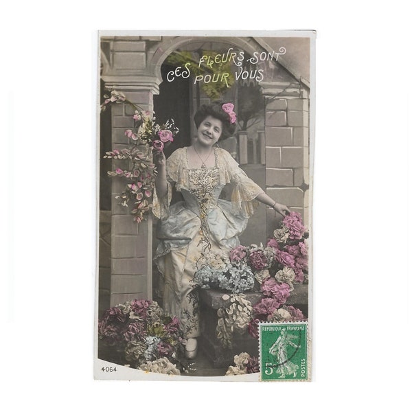 Vintage Woman Color Tinted RPPC Postcard with Flowers -  Georgian Costume Dress - French Antique Handwriting