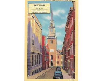Paul Revere, Old North Church, Boston Massachusetts 1940s Linen Postcard, theme: USA History, Vintage Cars