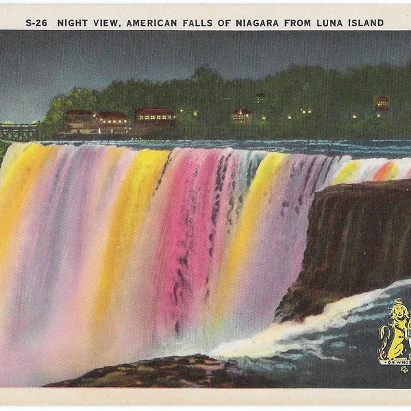 Rainbow Illumination Night View of American Falls Niagara From Luna Island New York, Antique Canadian Postcard, British Royal Coat of Arms