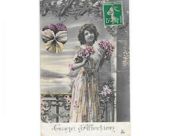 Color Tinted Photo Antique French Postcard of Beautiful Girl, Pansy and other Flowers, "gage d'affection"