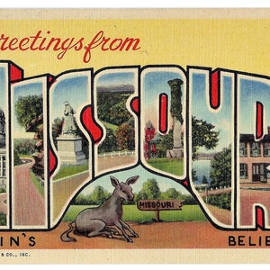 Greetings from Missouri Seein's Believin' Mule Donkey Vintage Linen Postcard with Large Letters 1940s Travel Road Trip Souvenir image 3