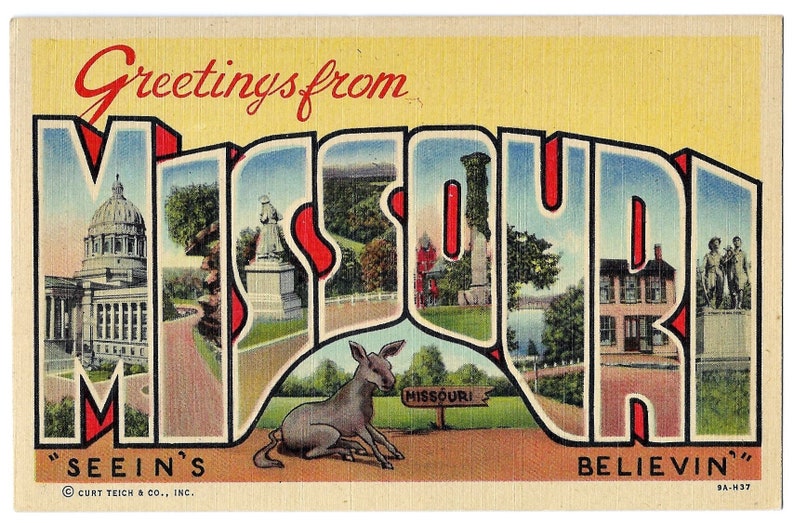 Greetings from Missouri Seein's Believin' Mule Donkey Vintage Linen Postcard with Large Letters 1940s Travel Road Trip Souvenir image 3