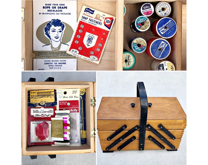 Vintage Wooden Sewing Box With Notions and Spools of Thread Three