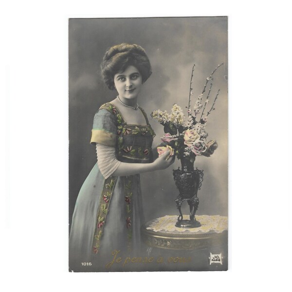 Vintage Woman Color Tinted RPPC Postcard with bouquet of Flowers - 1910s Fashion - Teal Dress - French Antique Handwriting