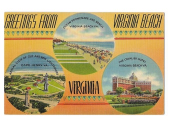 Virginia Beach 1930s Linen Postcard, Very Good Condition, Plastic sleeve included