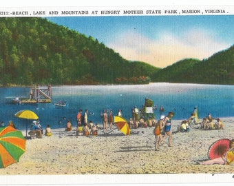 Hungry Mother State Park Virginia 1930s Linen Postcard, Vacation Swimming & Sunbathing on the Beach