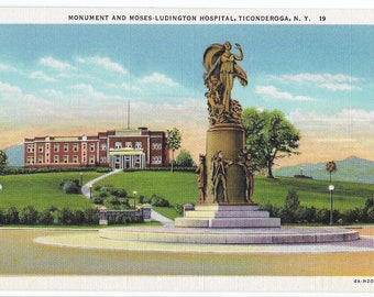 Carte postale en lin du monument de la liberté de Ticonderoga et de l'hôpital Moses Ludington des années 40